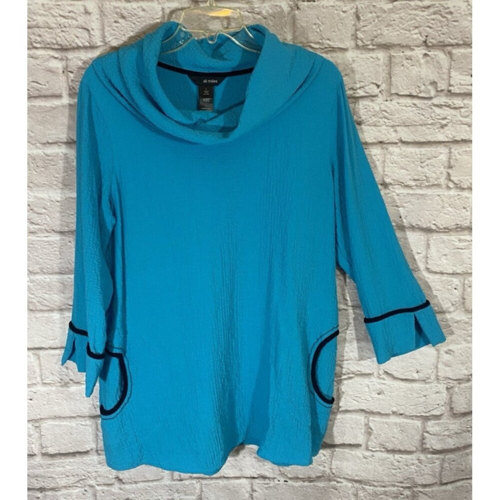 Ali Miles Tunic Top L Wearable Art to Wear Blue Black Crinkle Cowl Neck Pockets